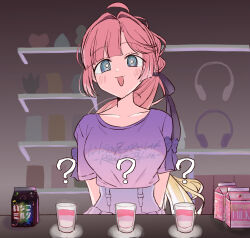  1girl ? @_@ anyoji_hime arms_behind_back blonde_hair blue_eyes commentary_request cup drink_carton drinking_glass gradient_hair headphones highres indoors kuracchi_(dekaonet) light_blush long_hair love_live! love_live!_hasu_no_sora_jogakuin_school_idol_club milk_carton multicolored_hair open_mouth parody pink_hair pink_shirt ponytail pukey_goddess_shot_trick shirt shot_glass smile solo strawberry_milk unworn_headphones 
