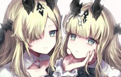  2girls absurdres aged_down arknights blonde_hair chinese_commentary closed_mouth commentary_request dragon_girl dragon_horns green_eyes hair_over_one_eye hand_on_another's_chin highres horns long_hair looking_at_another looking_at_viewer multiple_girls necrass_(arknights) necrass_(young)_(arknights) reed_(arknights) reed_(young)_(arknights) siblings simple_background sisters smile upper_body white_background yi_chuan_wei_chongfu_zhongwen 