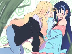  2girls all_fours black_jacket blonde_hair blue_eyes blue_hair blue_kimono blue_pants blush character_request closed_eyes closed_mouth commentary_request copyright_request denim dokusai_0207 ear_blush from_side hair_ornament highres jacket japanese_clothes jeans kimono long_hair looking_at_another multiple_girls off_shoulder open_mouth pants profile purple_sweater rejected_kiss sitting sweater very_long_hair yuri 