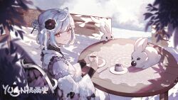  1girl ahoge blue_hair blurry blurry_foreground closed_mouth cup doily drink flower food hair_bun hair_flower hair_ornament highres holding holding_cup indie_virtual_youtuber krasa0 leaf long_sleeves looking_at_viewer official_art pink_eyes plate rabbit rengyuan second-party_source shadow short_hair single_hair_bun smile solo split_mouth spoon table virtual_youtuber wooden_table 