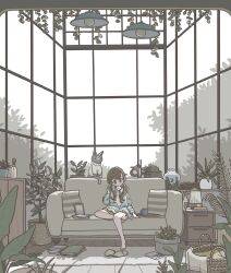  1girl animal barefoot basket book book_on_lap bright_pupils brown_shorts cat clothed_animal couch crossed_legs cup expressionless fish floor highres lamp magazine_(object) moffmachi mug no_nose original plant potted_plant radio rug seahorse shorts sitting slippers solo twintails unworn_slippers vase vines white_pupils wide_shot window 