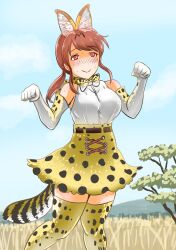  1girl animal_ears asymmetrical_breasts blue_sky blush breasts brown_hair cat_ears cat_girl cat_tail clip_studio_paint_(medium) commentary_request cosplay elbow_gloves feet_out_of_frame gloves grass high-waist_skirt highres idolmaster idolmaster_cinderella_girls kemono_friends kemonomimi_mode large_breasts low_ponytail mifune_miyu miniskirt nervous_smile nervous_sweating nikuaki paw_pose ponytail red_eyes serval_(kemono_friends) serval_(kemono_friends)_(cosplay) shirt sidelocks skirt sky smile solo sweat tail tree white_gloves white_shirt yellow_theme zettai_ryouiki 