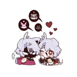  ... 2boys ? anger_vein angry animal_ears antenna_hair arm_guards armor back_bow belt black_belt black_gloves black_shirt blue_eyes blush bound bow cape chest_belt chibi chibi_only coat collared_shirt commentary dan_heng_(honkai:_star_rail) dog_boy dog_ears dog_tail dual_persona english_commentary face_in_shadow fingerless_gloves four-pointed_star gloves grey_hair hair_between_eyes hands_up happy heart high_collar highres honkai:_star_rail honkai_(series) irontomb kemonomimi_mode long_sleeves looking_at_another male_focus mem_(honkai:_star_rail) multiple_boys one_eye_closed phainon_(honkai:_star_rail) pink_bow red_cape red_eyes saden_meow shirt short_hair shoulder_armor simple_background single_glove smile speech_bubble spoken_character spoken_ellipsis star-shaped_pupils star_(symbol) sun_symbol symbol-shaped_pupils tail talking tied_up_(nonsexual) trailblazer_(baseball_raccoon)_(honkai:_star_rail) trailblazer_(honkai:_star_rail) upper_body white_background white_coat yellow_pupils 