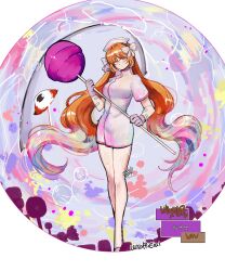  1girl absurdres air_bubble border bow bubble candy closed_mouth diforisalt dress e.g.o_(project_moon) ecstasy_(e.g.o) expressionless food full_body hair_bow hat highres holding holding_candy holding_food holding_lollipop ishmael_(project_moon) korean_text limbus_company lobotomy_corporation lollipop long_hair looking_at_viewer low_twintails nurse nurse_cap orange_eyes orange_hair oversized_object project_moon red_trim round_border solo the_dreaming_current translation_request twintails very_long_hair white_bow white_dress white_hat 