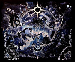  absurdly_detailed_composition absurdres aircraft airship asteroid border castle clouds cloudy_sky comet constellation english_text fantasy fish highres mandala moon moon_phases night original ornate_border planet rabbit sekaijunohappa shooting_star sky space spire star_(sky) starry_sky sun traditional_media watermark 
