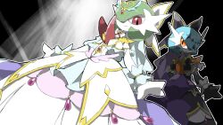  2girls alternate_color back-to-back back_bow black_capelet black_dress black_gloves blacknirrow blue_hair bob_cut bow bowtie brooch capelet closed_mouth clothed_pokemon colored_skin commentary cosplay cosplay_request dress dutch_angle elbow_gloves gardevoir gem gloves green_hair hair_over_one_eye happy heart heart_brooch highres jewelry layered_dress long_dress looking_at_another looking_at_viewer looking_back magical_girl mega_gardevoir mega_pokemon multiple_girls one_eye_covered orange_eyes parted_lips pokemon pokemon_(creature) precure purple_bow purple_gem red_eyes shiny_and_normal shiny_pokemon short_hair sideways_mouth smile spotlight spread_fingers standing white_bow white_bowtie white_capelet white_dress white_gloves white_skin wrist_cuffs yellow_trim 