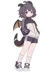  1girl absurdres ahoge black_eyes black_hair black_jacket black_shoes black_shorts commentary_request dragon_girl dragon_horns dragon_tail dragon_wings highres horns jacket kidian_(trickcal) pointy_ears shoes short_hair shorts sneakers socks tail trickcal wall228090611 white_background white_socks wings 