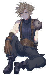  1boy absurdres armor belt belt_buckle black_boots blonde_hair blue_eyes boots brown_gloves buckle closed_mouth cloud_strife commentary final_fantasy final_fantasy_vii final_fantasy_vii_remake full_body gloves highres knee_up looking_at_viewer loose_socks male_focus multiple_belts pinyata_(pinyaland) ribbed_sweater short_hair shoulder_armor single_bare_shoulder sitting sleeveless sleeveless_turtleneck socks solo spiky_hair suspenders sweater turtleneck turtleneck_sweater twitter_username untranslatable_commentary white_background 