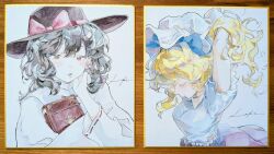  2girls absurdres artist_request black_hair black_hat blonde_hair blue_shirt blush book bow breasts brown_eyes closed_eyes closed_mouth collared_shirt commentary_request hand_on_own_cheek hand_on_own_face hat hat_bow highres holding holding_book long_hair long_sleeves maribel_hearn medium_breasts mob_cap multiple_girls neo-traditionalism_of_japan open_mouth photo_(medium) purple_skirt red_bow retrospective_53_minutes second-party_source shikishi shirt signature simple_background skirt touhou traditional_media tying_hair upper_body usami_renko white_background white_hat white_shirt 