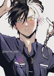  alternate_costume black_hair black_necktie blush commentary_request cuffs handcuffs heterochromia male_focus multicolored_hair necktie papiko_6262 parted_lips police police_uniform policeman sakura_haruka_(wind_breaker) short_hair simple_background split-color_hair teeth twitter_username two-tone_hair white_background white_hair wind_breaker_(nii_satoru) 