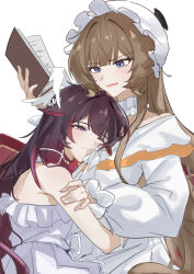  2girls :3 absurdres affectionate bare_arms bare_shoulders black_hair blue_eyes book brown_hair closed_mouth columbina_(genshin_impact) commentary couple cuddling dress eclair_yuri fang frilled_shirt frills genshin_impact hair_ornament hand_on_another's_arm hand_up happy hat highres holding holding_book hug light_smile long_hair long_sleeves looking_at_another looking_down mob_cap multicolored_hair multiple_girls off-shoulder_dress off_shoulder one_eye_closed open_book open_mouth pink_streaks sandrone_(genshin_impact) shirt simple_background skin_fang sleeveless sleeveless_shirt streaked_hair very_long_hair violet_eyes white_background white_dress yuri 