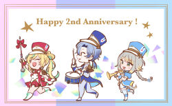  1boy 2girls :d ^_^ animal_ears anniversary arm_up blonde_hair blue_hat boots braid brown_eyes brown_hair chibi closed_eyes dog_ears dog_girl dog_tail drum drumsticks enonko gloves gradient_hair green_eyes green_hair grey_hair grey_pants happy_anniversary hat highres holding holding_instrument instrument lace-up_boots long_hair milan_kestrel mitarashi-dan multicolored_hair multiple_girls nijisanji pants pleated_skirt red_hat red_skirt shako_cap shioriha_ruri shirt shorts skirt sleeveless sleeveless_shirt smile star_(symbol) streaked_hair tachitsute_toto tail thigh-highs thighhighs_under_boots trumpet very_long_hair virtual_youtuber white_boots white_gloves white_shirt white_shorts white_thighhighs 