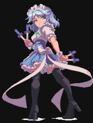  1girl apron back_bow between_fingers black_shoes black_thighhighs blue_eyes blue_skirt bow braid collared_shirt frilled_skirt frills full_body green_bow grey_hair hair_bow high_heels holding holding_knife izayoi_sakuya knife knives_between_fingers long_hair maid maid_headdress pixel_art potemki11 shirt shoes skirt solo thigh-highs touhou twin_braids waist_apron white_apron white_bow white_shirt white_wrist_cuffs wrist_cuffs 