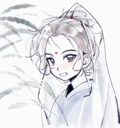  1boy aged_down all_wishes_come_true! alternate_costume bindi blush brown_eyes brown_hair child chinese_clothes facial_mark forehead_mark guanyin hair_bun hanfu holding holding_leaf leaf looking_at_viewer male_focus open_mouth partially_colored plant simple_background single_hair_bun smile solo updo upper_body veil white_background white_hanfu xiaogou_hanbao zhongli_quan_(all_wishes_come_true!) zhongli_quan_(young)_(all_wishes_come_true!) 