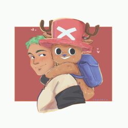  2boys absurdres antlers artist_name backpack bag bandana_around_arm blue_nose blush commentary cross green_hair hat heart highres horns imgomis male_focus multiple_boys on_shoulder one_piece pink_hat reindeer_antlers roronoa_zoro short_hair simple_background smile tony_tony_chopper 