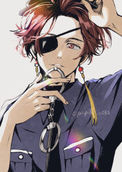  1boy alternate_costume commentary_request cuffs eyepatch handcuffs hat looking_at_viewer male_focus papiko_6262 parted_lips police police_hat police_uniform policeman red_eyes short_hair simple_background solo straight-on suo_hayato twitter_username upper_body white_background wind_breaker_(nii_satoru) 