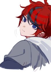  1boy absurdres ahoge black_hair blue_eyes closed_mouth commentary_request cropped_torso fug_uai grey_jacket hair_between_eyes highres hood hood_down jacket looking_at_viewer looking_back male_focus multicolored_hair red_hair sanpaku short_hair simple_background solo streaked_hair sumino_takumi the_hundred_line_-last_defense_academy- turning_head two-tone_hair white_background 