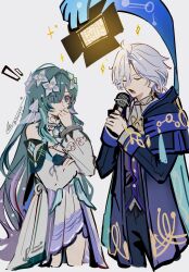  1boy 1girl ahoge artist_name ascot bare_shoulders black_jacket black_pants black_vest blue_eyes blue_pupils blue_scarf buttons choker clenched_hand closed_eyes closed_mouth collar collared_jacket collared_shirt commentary_request cowboy_shot detached_sleeves dress english_commentary fins flower frilled_collar frills genshin_impact gradient_hair green_hair grey_hair hair_between_eyes hair_flower hair_ornament hair_over_one_eye hand_on_own_chin hands_up head_fins highres holding holding_microphone innagaja jacket jewelry korean_commentary lantern long_hair long_sleeves looking_at_another microphone mitya_(genshin_impact) multicolored_hair necklace open_clothes open_jacket open_mouth pants pearl_hair_ornament popped_collar puffy_detached_sleeves puffy_long_sleeves puffy_sleeves purple_hair purple_jacket scarf shirt short_hair singing sleeveless sleeveless_dress sparkle standing tongue two-sided_fabric two-sided_jacket two-tone_hair very_long_hair vest vodyanitsa_(genshin_impact) wavy_hair white_ascot white_choker white_dress white_flower white_shirt white_sleeves 