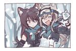  2girls adan_imas animal_ear_fluff animal_ears arknights blush brown_hair cardigan_(arknights) cat_ears cat_girl closed_mouth dog_ears dog_girl elbow_gloves gloves goggles goggles_on_head long_hair looking_at_another melantha_(arknights) multiple_girls open_mouth purple_hair scarf violet_eyes 