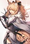  1girl ;d animal_ear_fluff animal_ears arknights armor black_bow black_ribbon blemishine_(arknights) blonde_hair blush bow cape cowboy_shot dress extra_ears fur_trim gradient gradient_background hair_ribbon highres holding holding_sword holding_weapon large_tail looking_at_viewer one_eye_closed open_mouth orange_eyes pauldrons penguin4 plate_armor ponytail ribbon shoulder_armor smile solo standing sword tail vambraces weapon white_background white_cape white_dress 