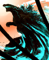  anniversary breath_weapon claws commentary_request electricity from_below fuhatsu_eekoodan giant giant_monster glowing glowing_spines godzilla godzilla_(series) highres kaiju no_humans open_mouth outdoors partial_commentary sharp_teeth spines teeth tokusatsu 