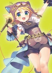  1girl :d amitie_(puyopuyo) amitie_(steam_city)_(puyopuyo) animal_ear_headwear aqua_cape aqua_scrunchie arm_up aviator_cap black_scrunchie black_shorts black_vest blonde_hair brown_hat brown_sweater cape commentary_request feet_out_of_frame frilled_sleeves frills from_below goggles goggles_on_headwear green_background green_eyes hat hat_with_ears holding holding_microphone_stand microphone microphone_stand namamoto official_alternate_costume open_mouth puyopuyo puyopuyo_quest scrunchie short_hair short_shorts short_sleeves shorts signature smile solo sweater vertical-striped_sweater vest waist_cape white_sleeves 