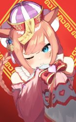  1girl absurdres agnes_digital_(fanatic_jiangshi)_(umamusume) agnes_digital_(umamusume) animal_ears bare_shoulders blue_eyes blush braid bun_cover closed_mouth detached_sleeves double_bun dress hair_bun hat highres horse_ears horse_girl jiangshi jiangshi_costume long_hair long_sleeves looking_at_viewer official_alternate_costume ofuda one_eye_closed pink_dress pink_hair pink_sleeves qingdai_guanmao ronununn sleeves_past_fingers sleeves_past_wrists solo twin_braids umamusume 