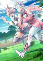  2girls absurdres aghoby animal_ears armband black_boots black_jacket black_shorts blue_sky blunt_bangs boots bow breasts brown_hair brown_hat clouds dress ear_bow gloves gold_ship_(red_strife)_(umamusume) gold_ship_(umamusume) grey_hair hair_over_one_eye hat highres horse_ears horse_girl jacket large_breasts long_hair long_sleeves midriff multicolored_hair multiple_girls outdoors pantyhose pillbox_hat red_bow red_dress running shorts sky sleeveless sleeveless_dress striped_armband striped_clothes thigh_boots umamusume violet_eyes vodka_(umamusume) vodka_(wild_top_gear)_(umamusume) white_boot white_gloves white_pantyhose 