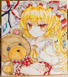  1girl absurdres ascot blonde_hair blush bow bowtie closed_mouth collared_shirt crossed_arms crystal dated fang fingernails flandre_scarlet frilled_bow frilled_shirt_collar frills hat hat_ribbon heart highres holding holding_stuffed_toy linnaiaaa long_hair looking_at_viewer mob_cap multicolored_eyes photo_(medium) plaid_bow plaid_bowtie plaid_clothes pointy_ears puffy_short_sleeves puffy_sleeves red_bow red_bowtie red_eyes red_ribbon ribbon shikishi shirt short_sleeves side_ponytail sidelocks signature simple_background smile solo split_mouth stuffed_animal stuffed_toy teddy_bear touhou traditional_media two-tone_eyes upper_body white_background white_hat white_shirt wings yellow_ascot yellow_eyes 