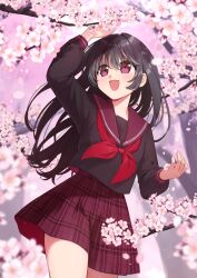  1girl asuka_gin black_hair black_shirt branch cherry_blossoms commentary_request cowboy_shot flower highres long_hair neckerchief open_mouth original outdoors pink_flower purple_sailor_collar purple_skirt red_neckerchief sailor_collar school_uniform serafuku shirt skirt smile solo tree violet_eyes 