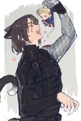  2boys animal_ears animification avengers_(series) blonde_hair blue_eyes brown_hair bucky_barnes captain_america captain_america_(series) cat_ears cat_tail chibi cyborg gougougougou heart highres kemonomimi_mode male_focus marvel mechanical_arms multiple_boys prosthesis prosthetic_arm single_mechanical_arm tail 