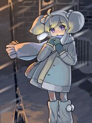  1girl ahoge artist_collaboration blonde_hair blue_eyes blue_mittens blue_star_puyo building cellphone coat commentary_request dress feet_out_of_frame fence floating_scarf hands_up hat holding holding_phone iron_fence krianna_(puyopuyo) lamppost leg_warmers looking_at_viewer mittens night open_clothes open_coat outdoors parted_lips phone puyopuyo puyopuyo_quest ryo_720629 scarf short_hair smartphone snow snowing solo standing twintails white_coat white_hat white_leg_warmers white_scarf window winter yellow_dress 