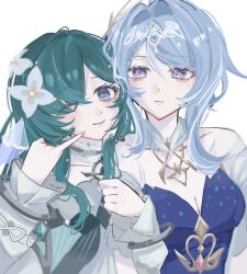  2girls aqua_dress aqua_hair blue_dress blue_eyes blue_hair collar commentary detached_collar detached_sleeves dress expressionless feather_hair_ornament feathers fins flower frilled_collar frilled_sleeves frills fur_collar fur_sleeves gem genshin_impact gold_trim grey_collar hair_between_eyes hair_bun hair_flower hair_intakes hair_ornament hair_over_one_eye head_fins highres holding_another's_arm light_blush light_smile long_sleeves looking_at_another looking_at_viewer mellie_39 multiple_girls odette_(genshin_impact) one_eye_closed open_mouth pearl pearl_hair_ornament pinky_out puffy_sleeves short_sleeves silver_trim untranslatable_commentary violet_eyes vodyanitsa_(genshin_impact) white_background white_dress white_flower white_fur white_sleeves yuri 