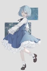  1girl absurdres black_ribbon blue_eyes blue_ribbon blue_skirt blue_vest blush braid brown_shoes commentary_request from_side full_body hair_ribbon highres kanade_sep long_sleeves mahou_shoujo_madoka_magica mahou_shoujo_madoka_magica_(anime) mary_janes miki_sayaka neck_ribbon official_alternate_costume one_eye_closed open_mouth petticoat ribbon shirt shoes short_hair simple_background single_braid skirt skirt_set sleeves_past_wrists socks solo standing standing_on_one_leg vest white_background white_shirt white_socks 