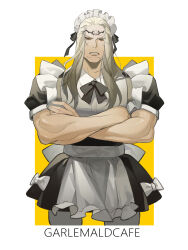  1boy absurdres apron black_dress blonde_hair bow braid commentary_request cowboy_shot crossdressing crossdressing_(mtf) crossed_arms dress english_text enmaided final_fantasy final_fantasy_xiv frilled_apron frills garlean highres long_hair maid maid_apron maid_headdress male_focus male_maid og-pogg puffy_short_sleeves puffy_sleeves ribbon short_sleeves simple_background third_eye varis_zos_galvus waist_apron white_apron wrinkled_skin yellow_eyes 