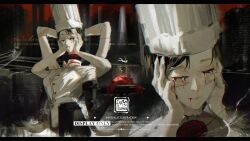  1girl absurdres apron black_hair bleeding blood blood_drip blood_from_eyes blood_from_mouth breasts buttons chainsaw_man chef_hat closed_eyes commentary_request dark_background disembodied_head elbow_gloves english_text extra_arms falling falling_devil_(chainsaw_man) flat_top_chef_hat gloves hat heart high_collar highres holding holding_detached_head holding_plate large_breasts owlwy_(owl_roi) plate shirt_tucked_in short_sleeves smoke swept_bangs 