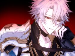  1boy antenna_hair armor belt black_choker black_gloves black_shirt brown_belt chest_belt choker coat collarbone collared_shirt empty_eyes english_commentary fingerless_gloves fingernails gloves gradient_background grey_hair hair_between_eyes half-closed_eyes hand_up high_collar highres honkai:_star_rail honkai_(series) irontomb long_sleeves looking_at_viewer male_focus melanthios36 pale_skin phainon_(honkai:_star_rail) red_background red_eyes shirt short_hair shoulder_armor simple_background smile solo sun_symbol teeth white_coat 
