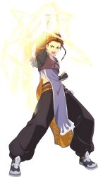  1boy arm_up armor armored_shoes artist_request baggy_pants belt black_gloves black_pants black_shoes blue_eyes brown_belt brown_hair changpao chinese_clothes clenched_hands elbow_gloves energy energy_fist fighting_stance fingerless_gloves full_body game_asset gloves grey_armor hair_ornament hand_up highres law_(tales) leather_armor magic male_focus multicolored_hair official_art open_mouth pants pink_streaks purple_changpao raised_fist shirt shoes short_hair shoulder_armor shouting simple_background sleeveless sleeveless_shirt solo standing streaked_hair tales_of_(series) tales_of_arise tales_of_asteria teeth third-party_source tongue transparent_background vambraces white_trim 