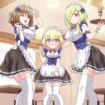  3girls alternate_costume bad_link blonde_hair blue_eyes blush breasts brown_eyes brown_hair character_request closed_mouth enmaided food green_hair hair_over_one_eye ice_cream indoors jashin-chan_dropkick large_breasts lierre long_hair looking_at_viewer maid maid_headdress multiple_girls mumyou_ishi one_eye_closed persephone_(jashin-chan_dropkick) ponytail shiny shiny_hair short_hair small_breasts smile standing thigh-highs waitress white_thighhighs 