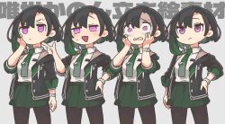  1girl a.i._voice asymmetrical_bangs black_hair black_jacket black_thighhighs blush collared_shirt commentary_request constricted_pupils deformed full_body gradient_hair green_hair green_skirt grey_background hand_on_own_face hand_on_own_hip highres hood hood_down hooded_jacket index_finger_raised jacket layered_clothes multicolored_hair multiple_expressions multiple_views necktie open_clothes open_jacket open_mouth pink_eyes sakamoto_ahiru shaded_face shirt short_hair side_part simple_background single_sidelock skirt square-end_necktie standing sweatdrop tearing_up tears thigh-highs tie_clip watch watch white_shirt yuise_kanon 