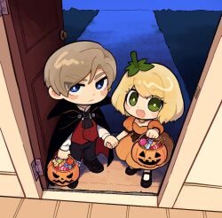  1boy 1girl aged_down alternate_costume ascot ashley_graham black_ascot black_cape black_choker black_pants black_ribbon black_shoes blonde_hair blue_eyes blush_stickers buttons candy candy_cane cape chibi chibi_only choker cocked_eyebrow commentary doorknob doorway double-breasted dress english_commentary fang food food-themed_hair_ornament from_above from_inside frown grass green_eyes hair_ornament halloween halloween_bucket halloween_costume hinge holding holding_halloween_bucket holding_hands jack-o'-lantern leon_s._kennedy lollipop looking_down medium_hair open_door open_mouth orange_dress pants pantyhose pov_doorway puffy_short_sleeves puffy_sleeves pumpkin_choker pumpkin_costume pumpkin_hair_ornament red_cape red_vest resident_evil resident_evil_4 ribbon shoes short_hair short_sleeves sidewalk smile swirl_lollipop thigh-highs trick-or-treating trick_or_treat two-sided_cape two-sided_fabric vampire_costume veroq77 vest waist_ribbon waistcoat welcome_mat white_pantyhose wooden_floor yard 