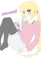  1girl absurdres black_thighhighs blonde_hair blush book collarbone commentary_request copyright_name eyes_visible_through_hair flat_color foot_out_of_frame from_side green_eyes grey_shorts hair_between_eyes hayate_no_gotoku! highres holding holding_book knees_up leaning_back long_hair looking_at_viewer no_shoes on_bed open_book open_mouth pink_shirt sanzen'in_nagi shirt shorts sidelocks simple_background sitting sketch sleeves_past_wrists solo straight_hair thigh-highs twintails twitter_username tyama_taka v-shaped_eyebrows very_long_hair white_background 