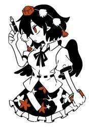  1girl black_hair black_ribbon black_wings book collared_shirt commentary hat holding holding_book holding_pen neck_ribbon pen pointy_ears pom_pom_(clothes) puffy_short_sleeves puffy_sleeves rbfnrbf_(mandarin) red_eyes red_hat ribbon shameimaru_aya shirt short_hair short_sleeves simple_background solo top_hat touhou white_background white_shirt wings 