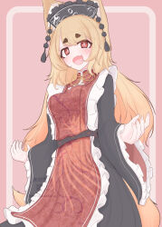  1girl :d absurdres adapted_costume animal_ear_fluff animal_ears artist_name belt black_belt black_dress black_hat blonde_hair blush bright_pupils chinese_clothes commentary_request cowboy_shot crescent_print dalachi_(headdress) dress enmaided fang fox_ears fox_girl fox_tail frilled_hat frilled_sleeves frilled_tabard frills hair_between_eyes hat highres hirokazukaku inset_border junko_(touhou) kemonomimi_mode long_hair long_sleeves looking_at_viewer maid open_mouth outside_border phoenix_print pink_background pom_pom_(clothes) red_eyes red_tabard short_eyebrows simple_background skin_fang smile solo tabard tail thick_eyebrows touhou twitter_username very_long_hair watermark white_pupils wide_sleeves 