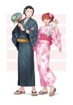  1boy 1girl :d ^_^ absurdres bangs black_hair black_kimono breasts brown_footwear brown_hair closed_eyes copyright_request floral_print forehead hair_between_eyes hand_fan highres holding holding_fan japanese_clothes kimono neekosiah obi paper_fan pink_kimono print_kimono red_eyes sash small_breasts smile uchiwa wind_chime zouri 