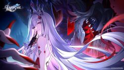  1girl backless_dress backless_outfit bare_back bare_shoulders black_gloves commentary copyright_logo copyright_notice crown dress english_commentary eyelashes finger_to_mouth floating_hair gloves highres honkai:_star_rail honkai_(series) logo long_hair monster multicolored_hair nihilux_(aeon_aha)_(honkai:_star_rail) official_art official_wallpaper red_nails red_streaks shushing smile spoilers star-shaped_pupils star_(symbol) streaked_hair symbol-shaped_pupils upper_body violet_eyes white_hair 