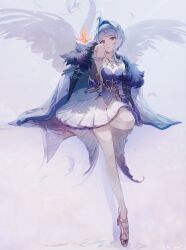  absurdres asymmetrical_gloves bird black_fur blue_dress blue_hair bug butterfly coat detached_collar detached_sleeves dress feather_hair_ornament feathered_wings feathers fire frilled_sleeves frills fur_collar fur_sleeves gem genshin_impact gloves gold_shoes gold_trim hair_bun hair_intakes hair_ornament high_heels highres invisible_chair leg_up looking_at_viewer mismatched_gloves odette_(genshin_impact) open_clothes open_coat pantyhose pink_gem purple_gem shadow shoes short_sleeves sitting swan tutu umbra_zhuitaiyang violet_eyes water white_coat white_dress white_fur white_pantyhose white_sleeves wings 