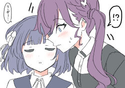  !? 2girls black_vest blue_eyes blue_hair blush butterfly_hair_ornament closed_eyes closed_mouth collared_shirt commentary_request flower gakuen_idolmaster gokugetsu_gakuen_school_uniform hair_flower hair_ornament hataya_misuzu hatsuboshi_gakuen_school_uniform highres idolmaster kaya_rinha long_hair mole mole_on_neck mole_under_mouth multiple_girls neck_ribbon nervous_sweating nogreen open_mouth purple_hair ribbon school_uniform shirt short_hair speech_bubble spoken_interrobang sweat translation_request twintails vest wavy_hair yuri 