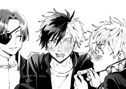  3boys absurdres bandaid chinese_clothes dirty dirty_face eyepatch furin_high_school_uniform greyscale highres holding holding_bandaid jacket male_focus monochrome multicolored_hair multiple_boys nirei_akihiko open_clothes open_jacket open_mouth papiko_6262 sakura_haruka_(wind_breaker) school_uniform shirt short_hair simple_background split-color_hair suo_hayato t-shirt tangzhuang twitter_username white_background wind_breaker_(nii_satoru) 