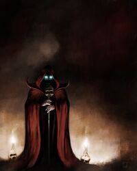  1boy artist_name blue_eyes boxyt candle commentary commission english_commentary fantasy glowing glowing_eyes highres holding holding_staff mannimarco red_robe robe shade skull solo staff the_elder_scrolls the_elder_scrolls_ii:_daggerfall 